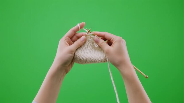 Hands knitting white yarn with wooden needles against a green screen background demonstrating a crafting process