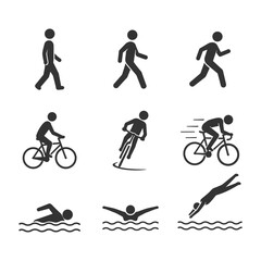 Obraz premium Triathlon Sports Icons Set with Running Cycling and Swimming Silhouette Pictograms