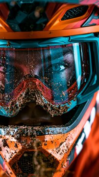 Close-up portrait of a motocross rider wearing an orange helmet and blue goggles covered in mud. Intense focus and determination visible in the eyes.