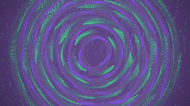 Abstract rotating spiral circles with green and purple lines hypnotic motion