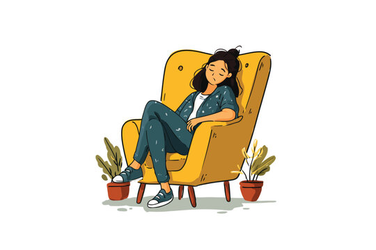 Tired teenage girl resting on the armchair isolated