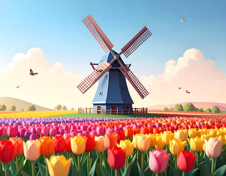 A picturesque 3D papercraft Dutch windmill standing tall amidst vibrant blooming tulip flower fields under blue sky