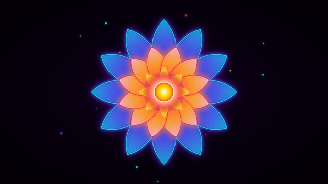 Glowing neon lotus flower animation with floating particles on dark background