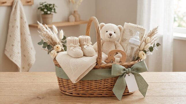 Elegant wicker hamper for newborn containing soft teddy bear, knitted booties, and essential baby items in a cozy nursery