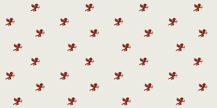Seamless Cherub Cupid Vector Pattern Vintage Red Angel Bow Arrow Valentine Love Romance Silhouette Background Surface Design