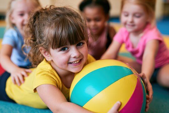 Children cooperating to roll colorful inflatable ball in indoor play area
