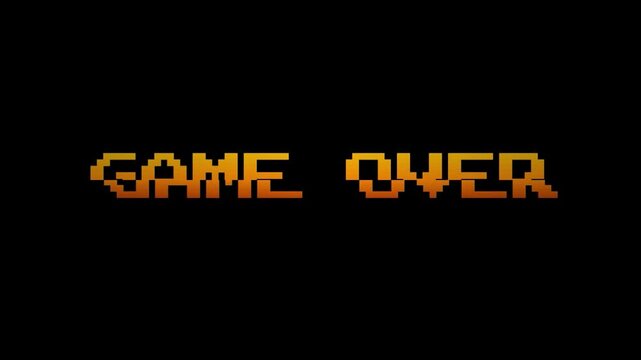 Vintage Arcade Game Over Display With 8 Bit Pixel Text, Retro Arcade Game Over Pixelated Text Overlay with Vintage Analog Glitch Scanlines and CRT Aesthetic Transition 4k video