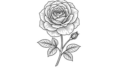 Highly Detailed Black and White Rose Flower Pencil Sketch Botanical Vector Illustration Isolated on White © BALAL