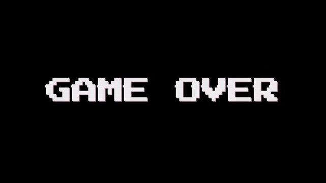Pixelated Game Over Message with Analog Distortion, Retro Gaming Pixelated Game Over Transition Overlay featuring Glitched Scanlines and Distorted Cathode Ray Tube Screen Aesthetic 4k video