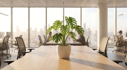 Fototapeta premium Potted monstera plant on wooden table in bright modern office with city skyline view and blurred coworkers in background for professional workspace design concepts