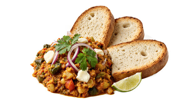 Vegetable stew bread isolated dish on a transparent background with lime wedge and cilantro garnish for healthy recipe illustration