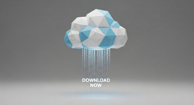 Download Now white low poly cloud with digital data rain shower isolated on neutral gray background cloud computing storage software update downloading banner modern graphic 3D illustration