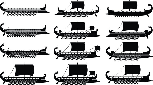Ancient Greek and Roman galley silhouettes collection with triremes and biremes for historical maritime design