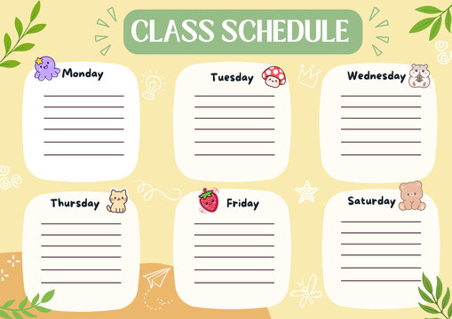 Cute weekly class schedule template designed for children. This printable school planner features a colorful cartoon style with space to organize classes and daily activities from Monday to Saturday. 