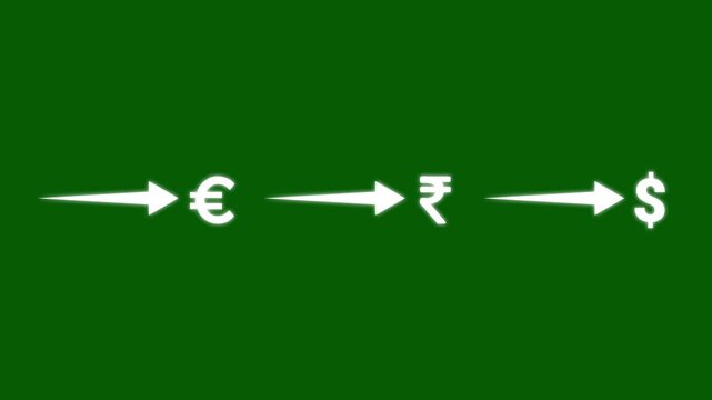 Global currency exchange concept: euro to indian rupee to us dollar conversion flow on green screen finance
