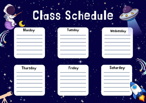 Cute weekly class schedule template designed for children. This printable school planner features a colorful cartoon style with space to organize classes and daily activities from Monday to Saturday. 