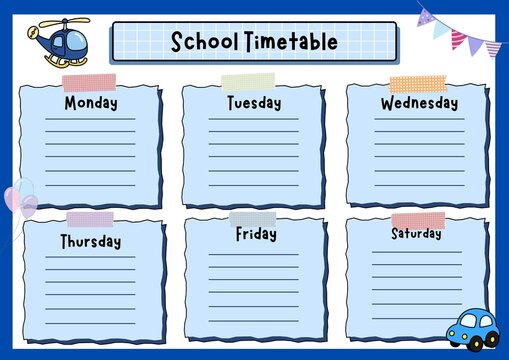 Cute weekly class schedule template designed for children. This printable school planner features a colorful cartoon style with space to organize classes and daily activities from Monday to Saturday. 