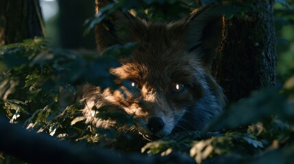 Naklejka premium A fox with glowing eyes waits among dense leaves in a dark forest, illuminated by a shaft of light from above.