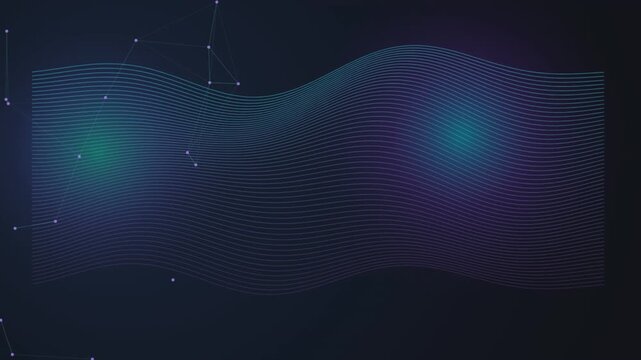 High-quality 4K abstract digital background featuring smooth neon wavy lines and glowing plexus network connections on a dark futuristic backdrop. Perfect for technology presentations, sci-fi video pr