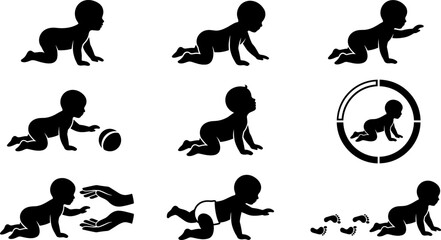 Fototapeta premium Baby Crawling Silhouette Vector Set with Cute Infant Icons Playing Ball, Footprints, Diaper, Caring Hands, and Milestone Logo Symbols for Parenting Designs