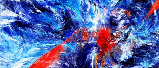Abstract dynamic background with deep blue and red brush strokes. Vibrant digital painting texture, neon blue and red creative banner. Fractal artwork for creative graphic design © Alena