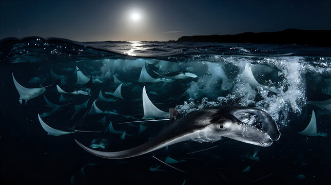 A school of ray swimming in the night sea, 4K, AI generated
