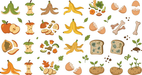 Obraz premium Hand drawn fruit and food waste recycling elements collection with banana peels apple cores seeds bread and organic compost icons