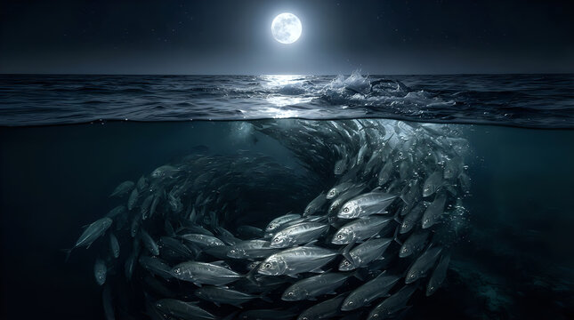 A school of bigeye trevally swimming in the night sea, 4K, AI generated