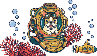 Cute French Bulldog character in vintage diving helmet exploring deep sea with coral and yellow submarine