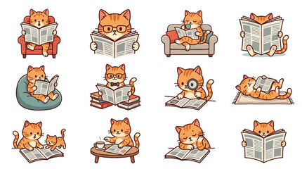 Cute orange cats reading books in cozy positions. © Cel