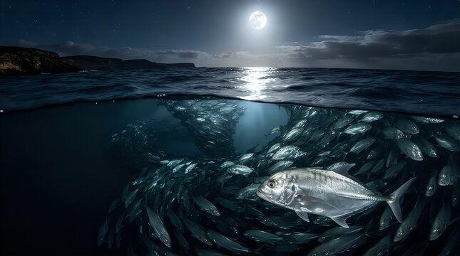 A school of bigeye trevally swimming in the night sea, 4K, AI generated
