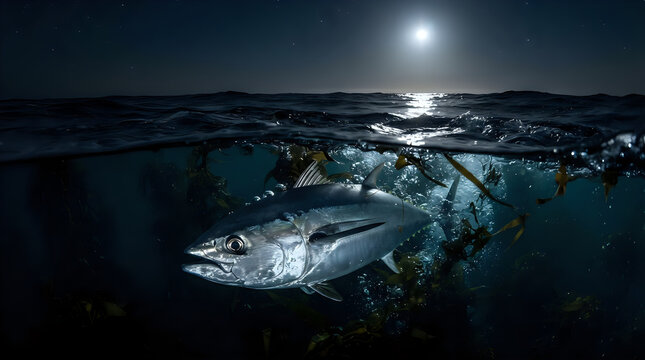 A school of bigeye trevally swimming in the night sea, 4K, AI generated