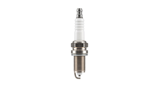Automotive spark plug with white ceramic insulator, metallic engine ignition component, car maintenance and electrical system part isolated PNG with Transparent Background