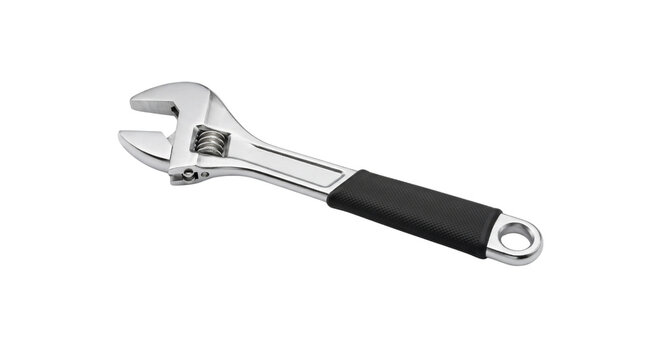 Adjustable wrench with ergonomic black handle, professional chrome steel spanner tool, heavy duty hardware for plumbing and mechanical repair isolated PNG with Transparent Background