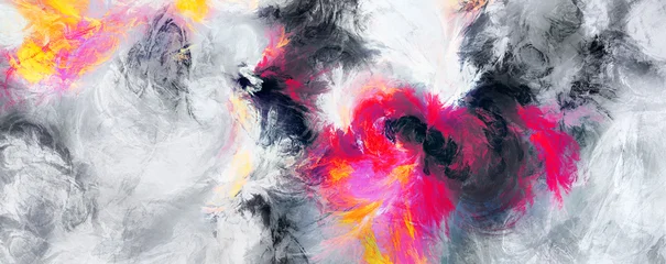 Modern artistic banner with bright pink and yellow ink splashes on textured gray background, vibrant paint burst digital fluid art. Fractal artwork for creative graphic design © Alena