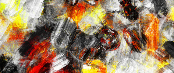 Abstract dynamic background with fiery orange and red brush strokes on textured dark gray backdrop, modern artistic banner with vibrant paint burst and chaotic digital fluid art © Alena