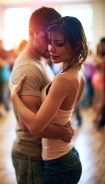 Couple dancing closely in bright studio with blurred dance class behind