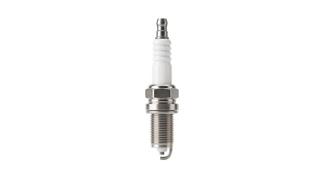 Automotive spark plug with white ceramic insulator, metallic engine ignition component, professional car maintenance and repair part isolated PNG with Transparent Background