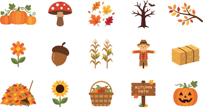Set of cute autumn themed stickers featuring pumpkins sunflowers scarecrows and seasonal fall harvest elements for scrapbooking