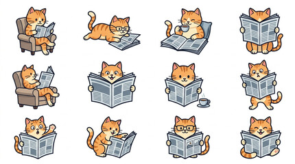 Cute cartoon cats reading books and newspapers. © BRAHIM
