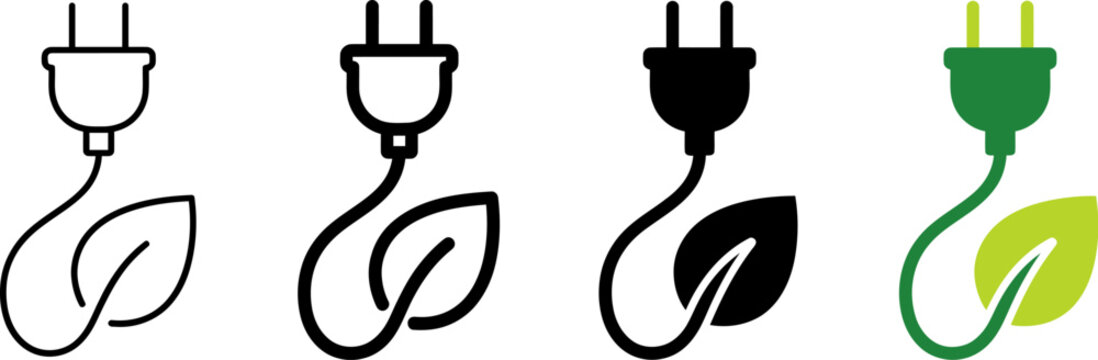 Green energy electric plug icons with leaf detail, sustainable power supply vector set, eco friendly electricity symbols for renewable technology Ediable path.