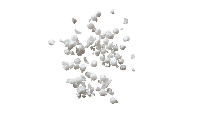 Scattered white polystyrene foam beads isolated on transparent background