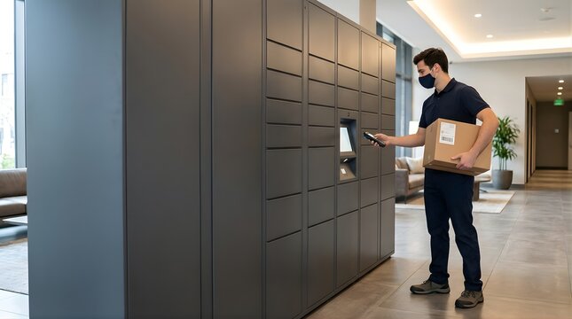 Courier wearing mask delivers parcel to automated locker system in office