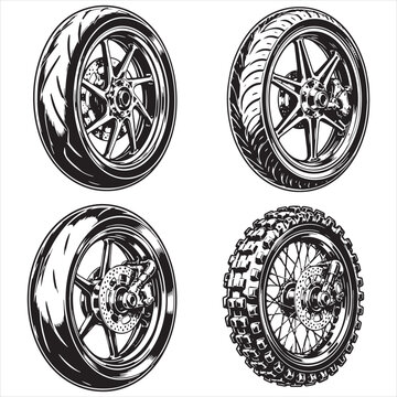 Set of four different automotive wheels and tires featuring alloy rims and off-road treads vector illustration