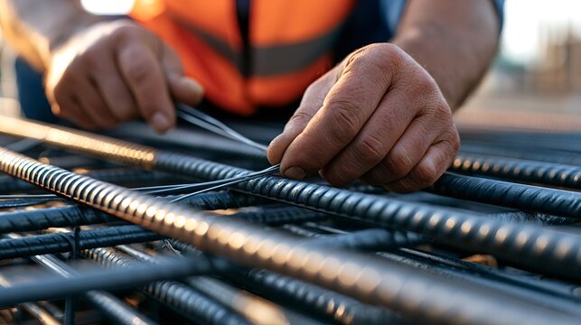 Construction worker hands are securing steel reinforcement bars together with tie wire, creating a strong framework for concrete structures on an active building site