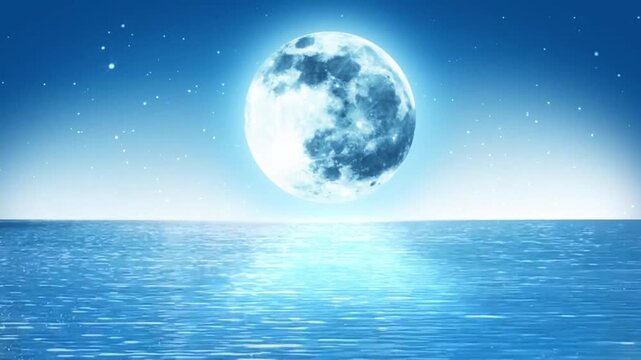 A bright full moon is perfectly reflected on a calm ocean under a starry night sky, creating a serene and tranquil atmosphere. The image captures the natural beauty and calmness of nighttime.