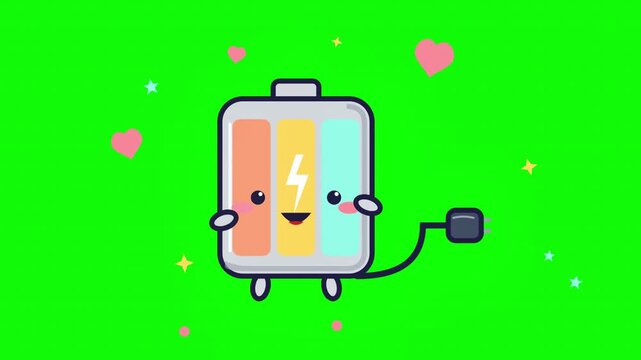 Cute cartoon battery character dancing on green screen