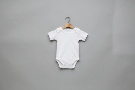 A white baby bodysuit hangs on a wooden hanger. Baby clothing mockup.