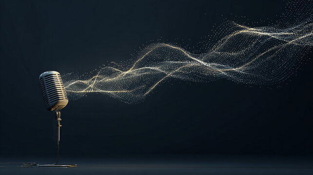microphone with abstract sound waves glowing around it, futuristic audio concept, dark minimal background