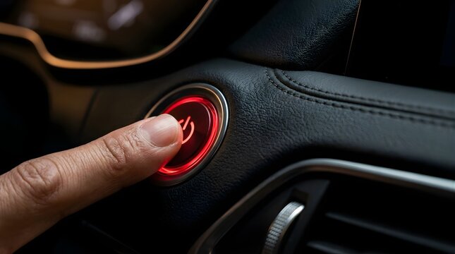 Finger pressing a glowing red engine start button inside a modern car